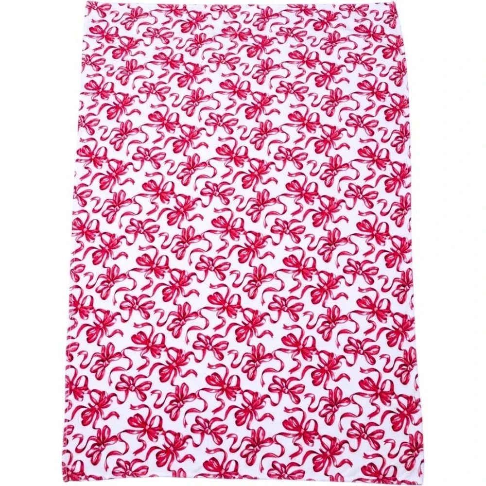 Betsey Johnson Pink White Bow Throw Blanket Plush Coquette Cozy Valentine 58x83